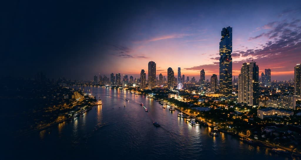 Bangkok skyline at twilight along the Chao Phraya River